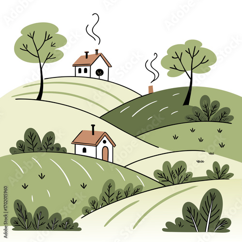 Vector art of a charming countryside scene, showcasing rolling hills adorned with lush greenery, quaint houses nestled among the trees, and wisps of smoke rising from chimneys