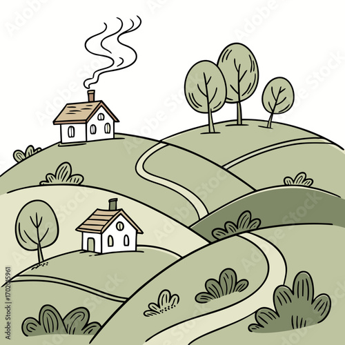 Vector art of a picturesque countryside view, featuring gentle hills, cozy houses with smoking chimneys, and verdant trees, creating a serene and inviting atmosphere