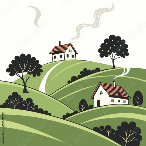 Vector art of a vibrant countryside panorama, showcasing rolling green hills, charming houses with smoking chimneys, and lush trees, creating a captivating and idyllic scenery