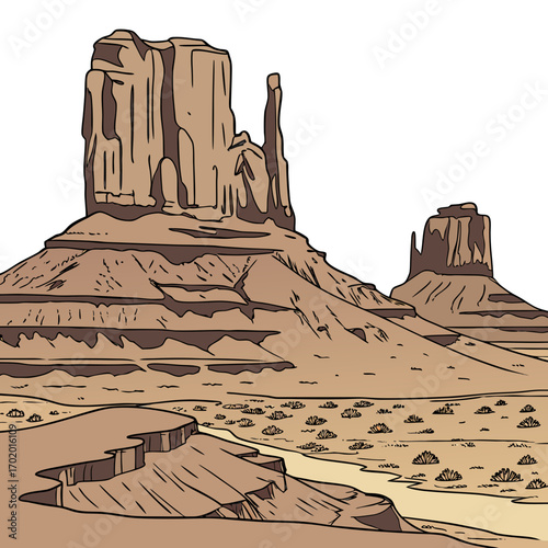 Vector art of monument valley a majestic landscape of towering sandstone buttes, sculpted by time and the elements, standing as silent sentinels in the vast expanse of the desert