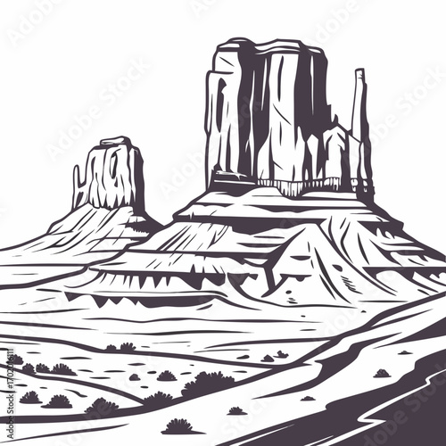 Vector art of monument valley tribal park in arizona and utah, usa, featuring sandstone buttes and mesas, showcasing the iconic landscape of the american southwest