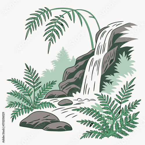 Vector art of waterfall cascade with fern leaves a tranquil scene of natures beauty, where water gracefully descends amidst lush greenery, creating a serene and refreshing ambiance