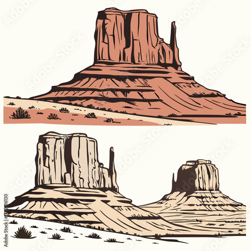 Vector art of monument valley tribal park in arizona and utah, usa, featuring sandstone buttes and mesas, showcasing the iconic landscape of the american southwest
