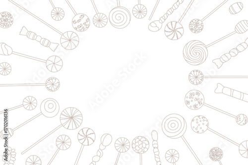 A whimsical array of outlined lollipops and candies arranged in a circular pattern on a white background