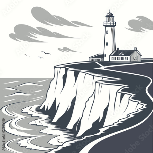 Vector art of a captivating lighthouse stands tall atop a rugged cliff, its light guiding ships through the treacherous waters, while seagulls soar gracefully in the sky