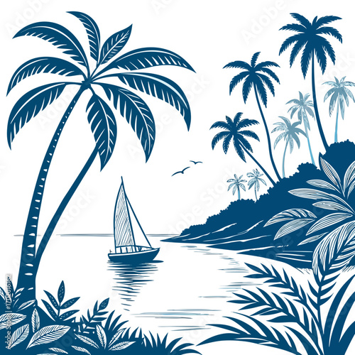 Vector art of a serene tropical scene unfolds with swaying palm trees, a tranquil sea, and a sailboat gliding gently across the water