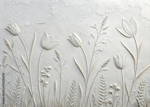 Chalky White Plaster Surface With Faint Embossed Wild Daisy Petals