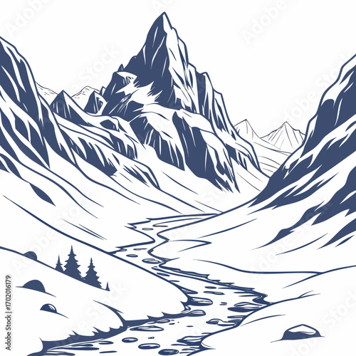 Vector art of a majestic mountain range with a winding river flowing through a snowy valley, showcasing the beauty and grandeur of natures winter landscape