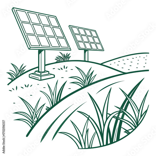 Illustration of solar panels in a field, showcasing sustainable energy and environmental consciousness depicts renewable power generation