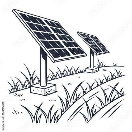 Illustration of solar panels in a field, showcasing sustainable energy and environmental consciousness depicts renewable power generation