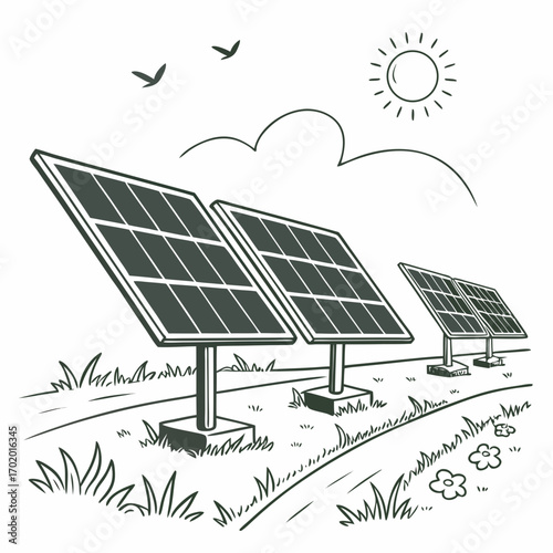 Illustration of solar panels in a field, showcasing sustainable energy and environmental consciousness depicts renewable power generation