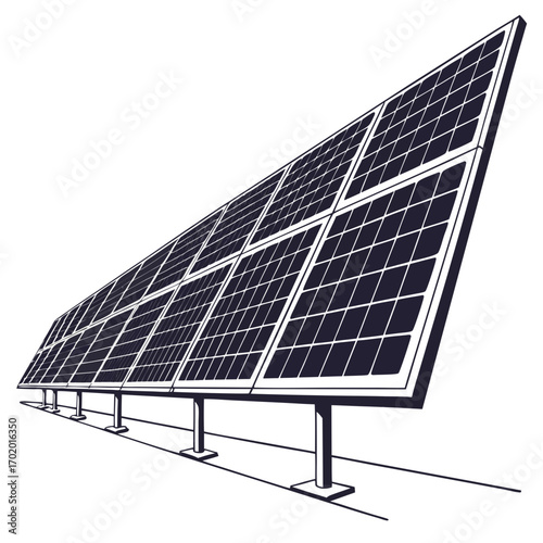 Vector art of detailed illustration of a solar panel array, highlighting renewable energy and sustainable technology for clean power generation and environmental responsibility