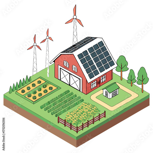 Vector art of isometric farm with solar panels on barn roof and wind turbines, showcasing sustainable agriculture and renewable energy sources, promoting ecofriendly practices and rural living