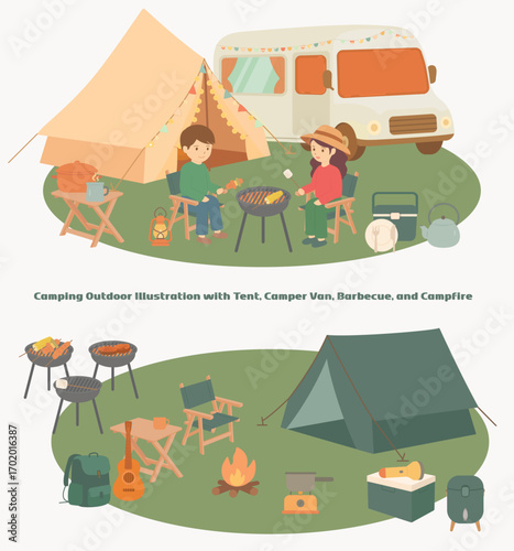  Camping Outdoor Illustration with Tent, Camper Van, Barbecue, and Campfire