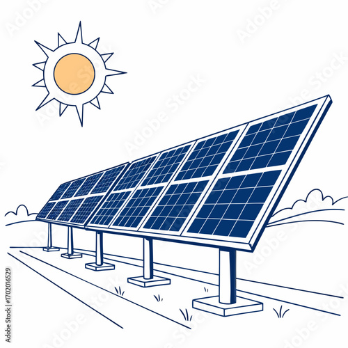 Illustration of a row of solar panels under a bright sun, emphasizing clean energy production and sustainable technology for a greener future