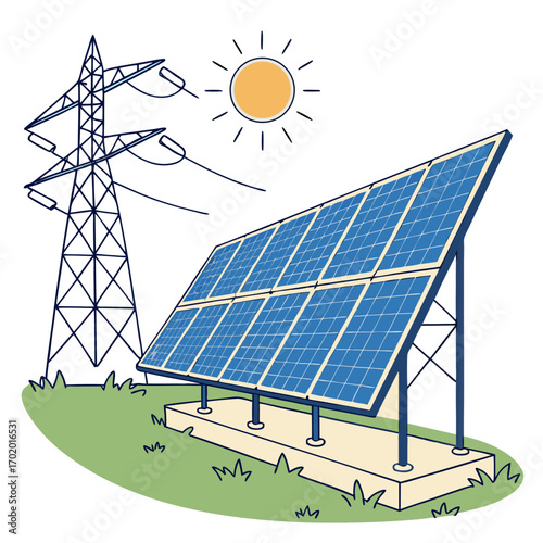 Vector art of solar panel installation with a power transmission tower and the sun, representing sustainable energy generation and distribution