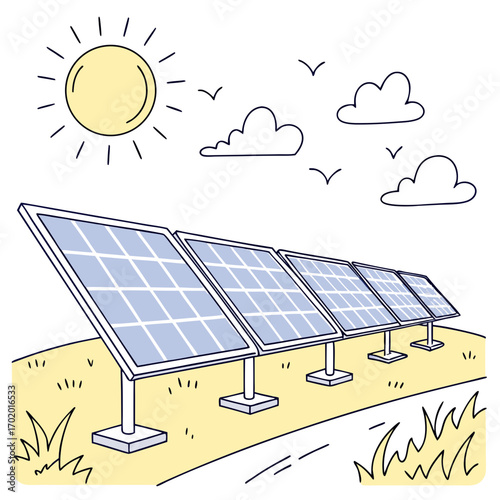 Illustration of solar panels in a field under the sun and clouds, promoting sustainable energy and environmental responsibility