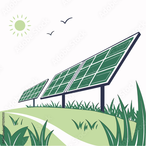 Vector art of solar panel array on a grassy hill with a winding path, birds flying overhead, and the sun shining brightly, showcasing sustainable energy and environmental consciousness