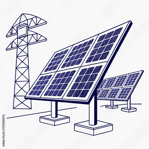 Illustration of solar panels with a transmission tower, highlighting renewable energy infrastructure and sustainable power generation