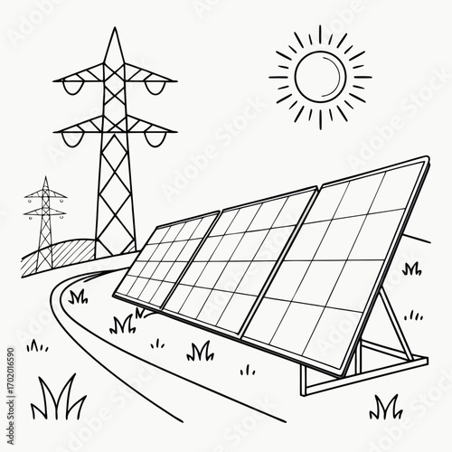Illustration of solar panels in a field with a transmission tower and the sun, showcasing sustainable energy generation and power infrastructure