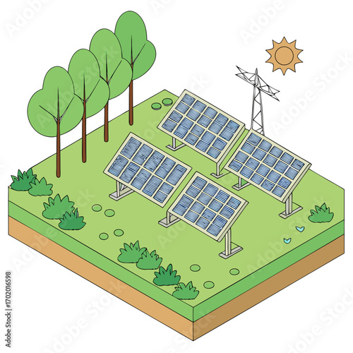 Vector art of isometric illustration of a solar panel farm with trees and a power line, showcasing sustainable energy production and environmental harmony on an