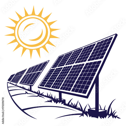 Illustration of solar panels under a bright sun, showcasing sustainable energy and ecofriendly technology, ideal for renewable energy and environmental awareness campaigns