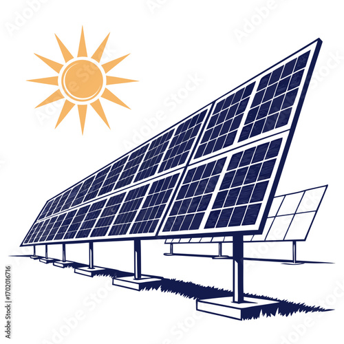 Illustration of a solar panel farm with the sun, representing renewable energy and sustainable technology for a cleaner and greener future