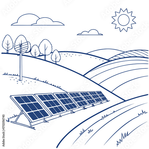 Illustration of solar panels in a rural landscape with rolling hills, trees, and a shining sun, showcasing sustainable energy and environmental awareness