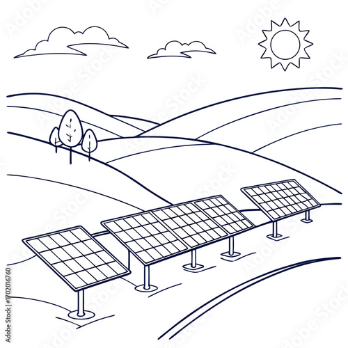 Illustration of solar panels in a rural landscape with rolling hills, trees, and a shining sun, showcasing sustainable energy and environmental awareness