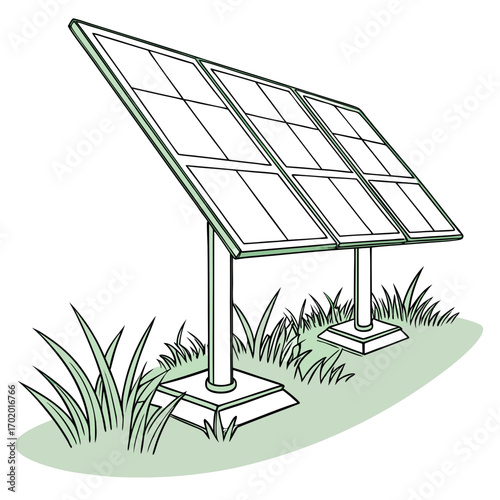 Illustration of a solar panel on a grassy hill, showcasing sustainable energy and environmental consciousness, a simple yet powerful image for ecofriendly campaigns