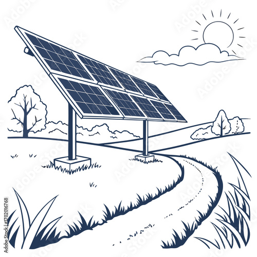 Illustration of a solar panel by a country road, symbolizing sustainable living and clean energy, ideal for environmental education and renewable energy initiatives