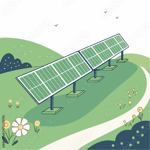 Illustration of solar panels on a green hill with flowers, symbolizing clean energy and environmental sustainability