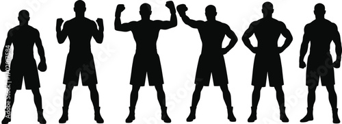 Silhouette of strong male boxer fighter, muscular man posing with fists, combat sports athlete standing in powerful stance vector illustration
