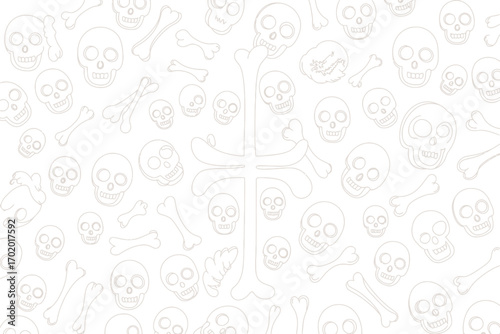 White background featuring a pattern of skulls and crossbones in a repeating and scattered arrangement