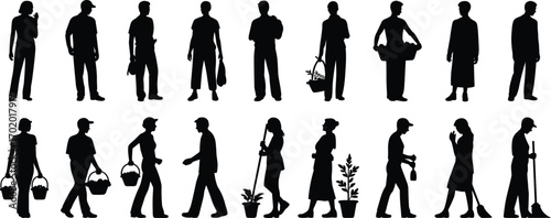 Silhouettes of diverse people walking, carrying baskets, gardening, cleaning, daily activities, teamwork, nature, community, chores, lifestyle, plants, outdoors, urban, healthy living