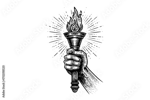 a hand holding a torch with flames, surrounded by raysburn, catch, draw, fire, flame, hand, illustration, person, ray, torch, wand 
