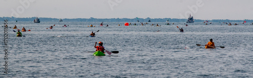 Kayakers Enjoy a Sunny Day on the Water in a Scenic Coastal Area