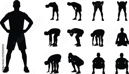 Silhouettes of Man Doing Warm-Up, Stretching, Squats, and Resting Poses for Fitness Training, Gym Exercise, and Health Concept