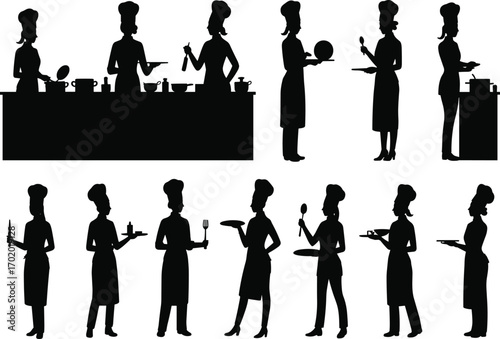 Silhouettes of female chefs cooking, holding utensils, serving food, working in kitchen, professional culinary experts, cooking poses, isolated black shapes