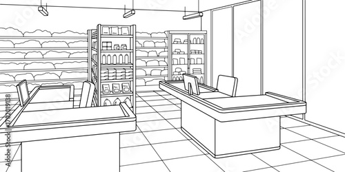 Grocery store shop interior black white graphic sketch illustration vector 
