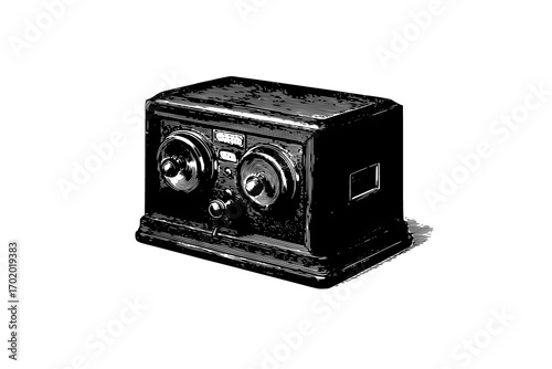 a vintage engraving of an old-fashioned television camerablack, radio 