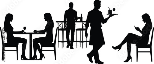Silhouette people sitting in restaurant, waiter serving drinks, women dining together, man at bar, modern lifestyle, social gathering, evening illustration