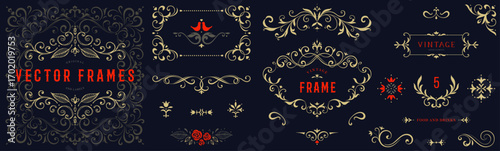 Collection of luxury gold frames, borders and corners with ornate swirls. Good for greeting cards, wedding invitations, restaurant menu, royal certificates and graphic design.
