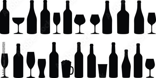 Silhouette wine bottles and glasses, black drink shapes collection, alcohol beverage icons, bar design elements, vector illustration set, isolated
