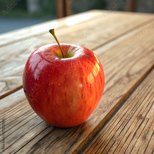 A perfectly ripe red apple rests on a wooden table, radiating freshness, natural beauty