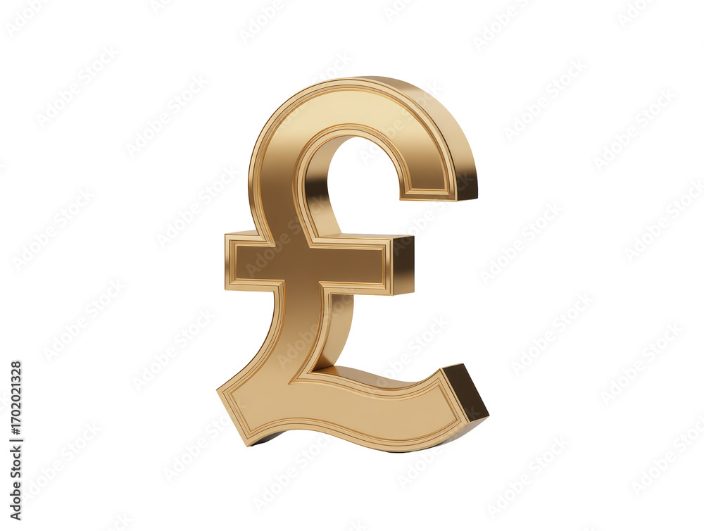 Fototapeta premium Shiny golden pound sterling symbol with beveled edges on icon isolated on white transparent background png jpg business people clipping path cutout 2025 2026 4k full hd poster banner label download