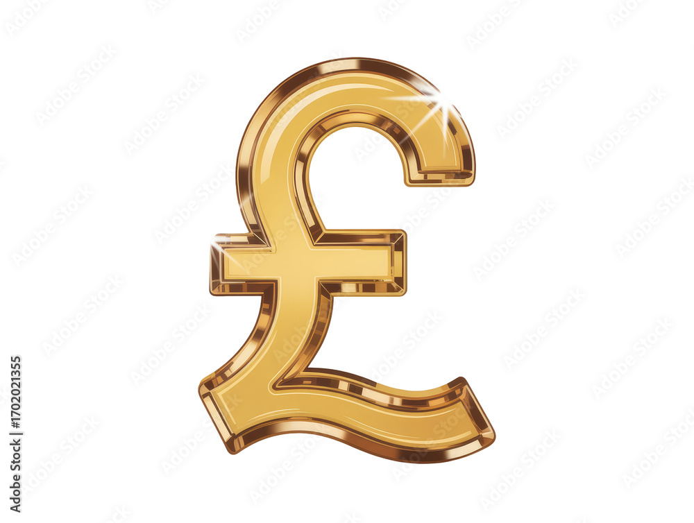 Fototapeta premium Shiny golden pound sterling symbol with highlights on icon isolated on white transparent background png jpg business people clipping path cutout 2025 2026 4k full hd poster banner label download