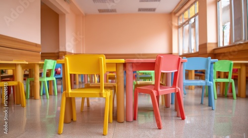 Bright and Colorful Empty Classroom Featuring Small Tables and Chairs  Suitable for Young Children