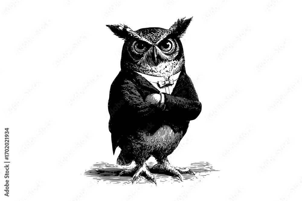 Fototapeta premium an owl wearing a formal suit with a bow tiearm, bow tie, business suit, cocktail dress, drawing, illustration, owl, stand, tie, wear 