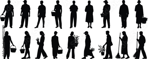 Silhouettes of people holding baskets and plants, gardening, farming, sweeping, outdoor activity, plant care, rural lifestyle, community work, nature connection
